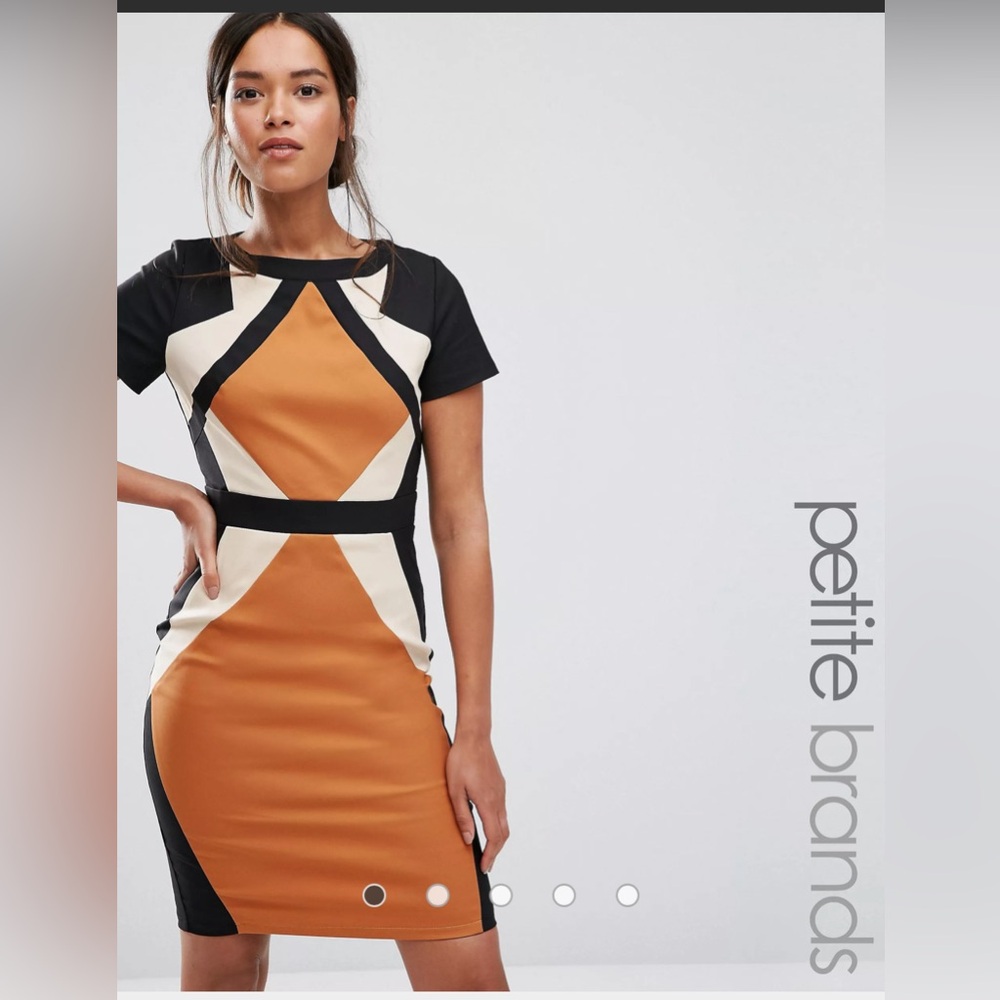 #7 Paperdoll orange, black and cream colour block midi dress for petite